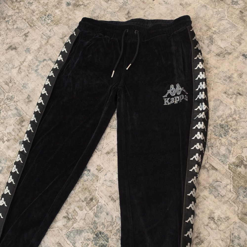 Kappa Womens Velour Joggers Black Silver Rhinestone Logo Tape Track Pants Medium